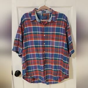 Pendleton Blue & Red Plaid Button Down Short Sleeve Shirt 100% Cotton XL